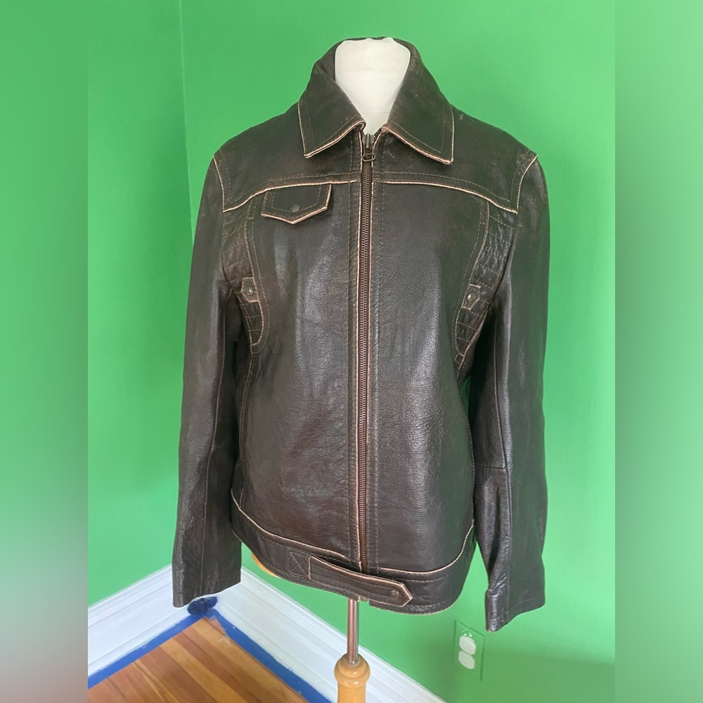 Hugo Boss leather brown distressed leather jacket 42R medium men's